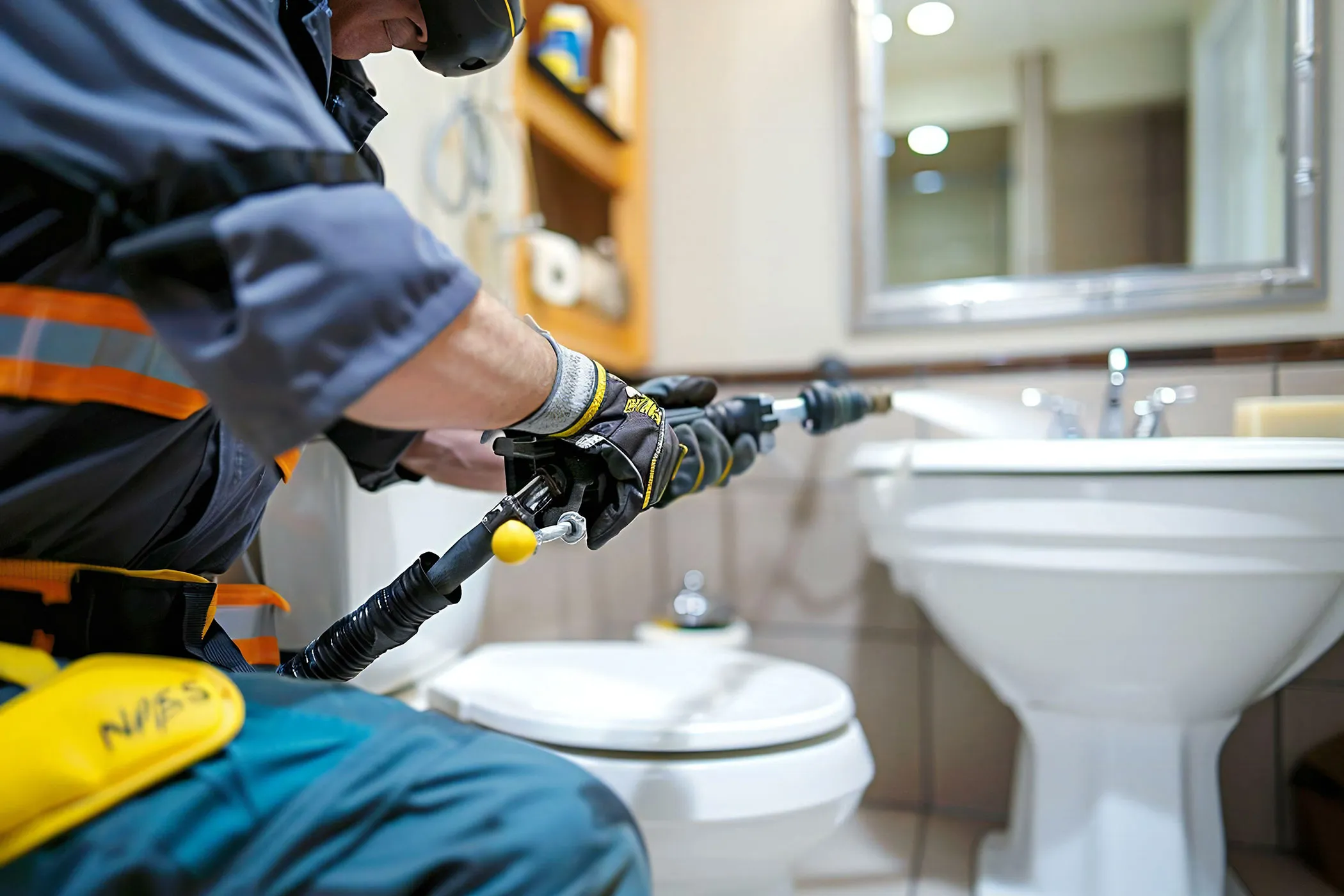 A man in a helmet and safety gear cleaning a toilet.