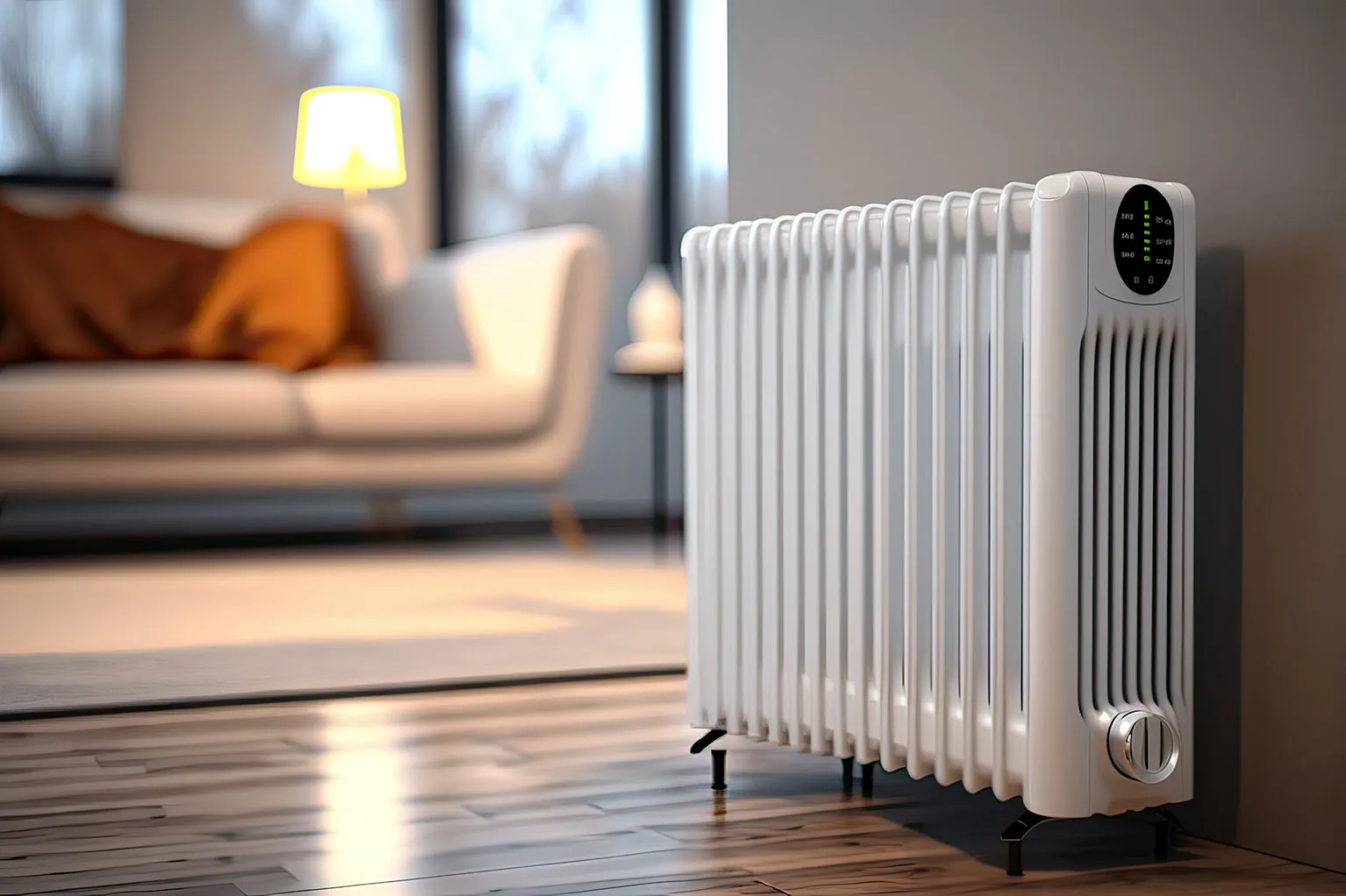A white radiator sitting on top of a hard wood floor.