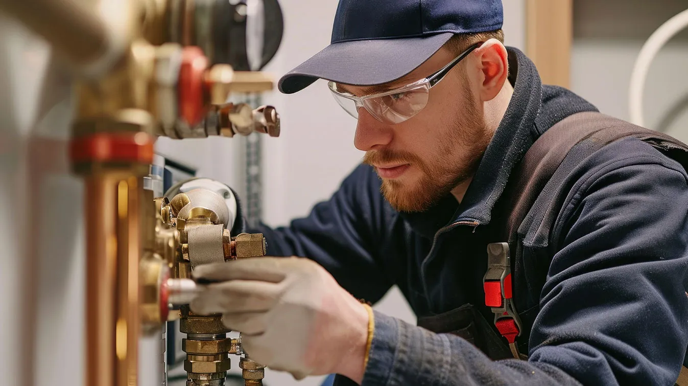 A man working on a pipe in a factory.
